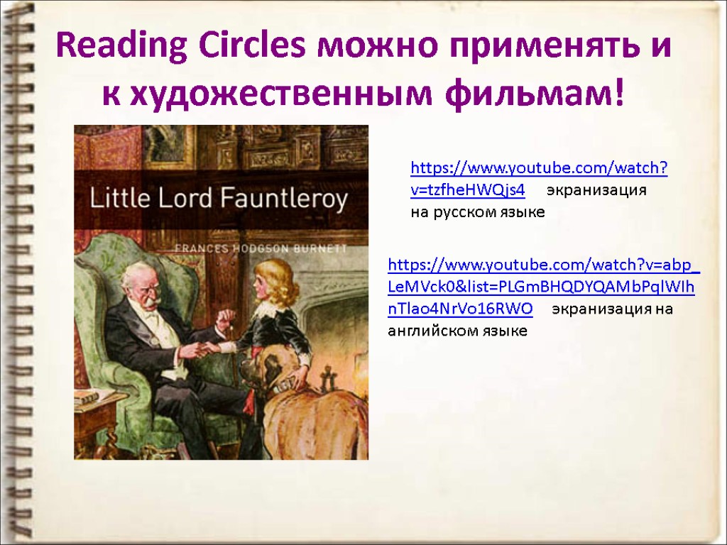 Reading Circles можно применять и к художественным фильмам! https://www.youtube.com/watch?v=tzfheHWQjs4 экранизация на русском языке https://www.youtube.com/watch?v=abp_LeMVck0&list=PLGmBHQDYQAMbPqlWIhnTlao4NrVo16RWO